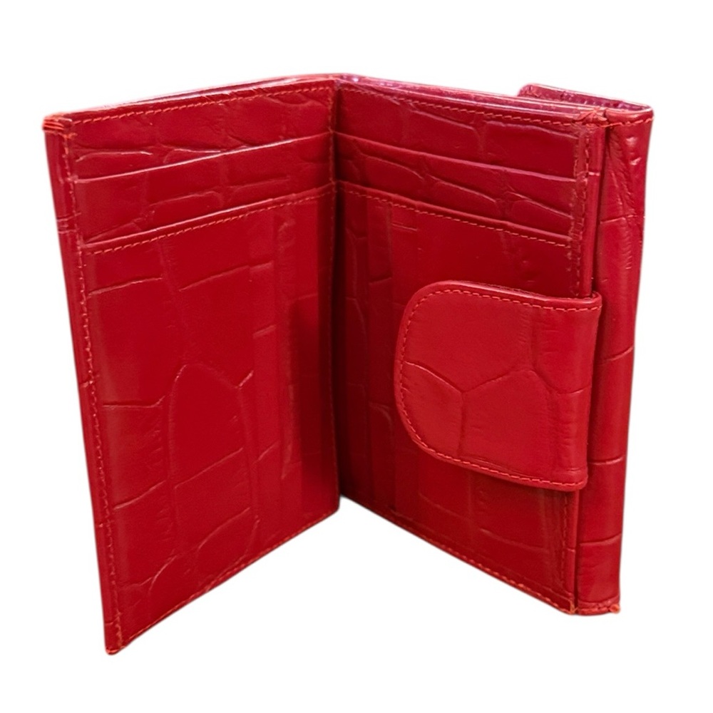 Red Croc-Embossed Leather RFID Wallet Organizer Accordion Multi Compartment Snap - Picture 6 of 13